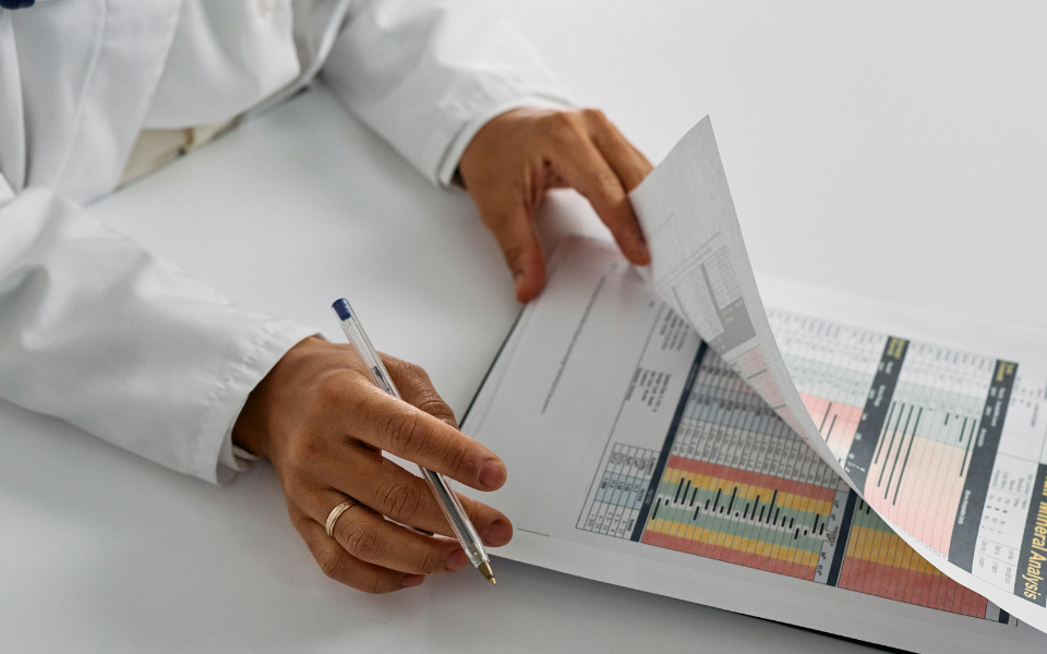 Healthcare professional reviewing medical charts and patient data during a clinical assessment