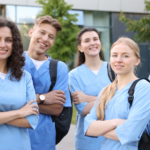 Healthcare students including sonographers, occupational therapists, and physiotherapists smiling.