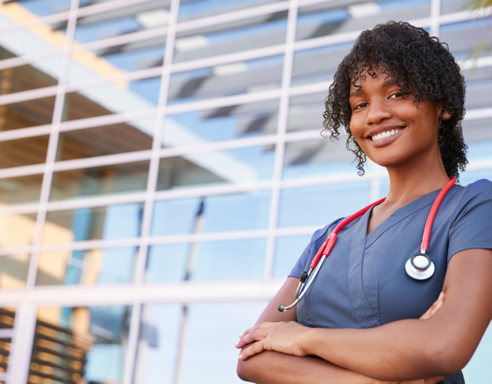 Confident healthcare nurse, illustrating the career growth and satisfaction that contract work can provide