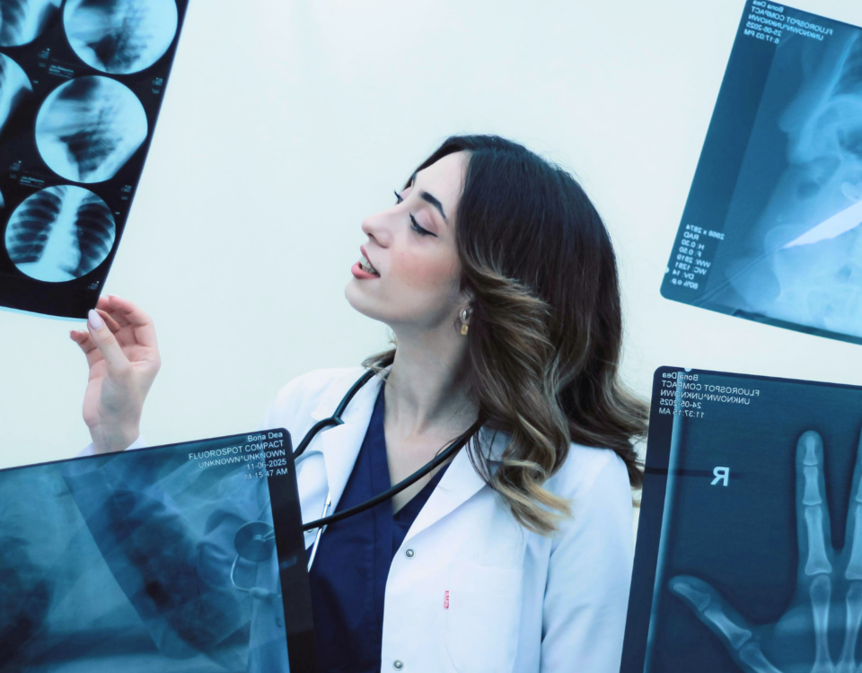 medical radiation tech looking at xrays