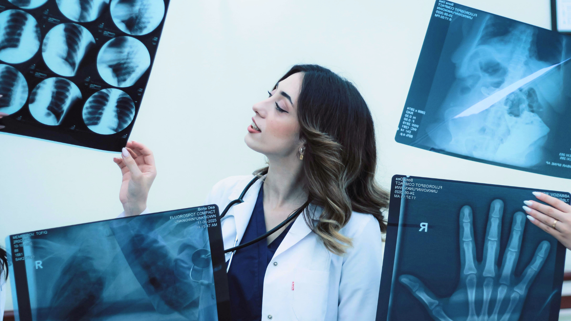 medical radiation tech looking at xrays