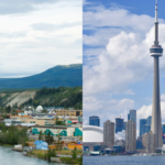 Split image comparing a rural Canadian town on the left with downtown Toronto skyline on the right, illustrating the geographic divide in allied health professional distribution.