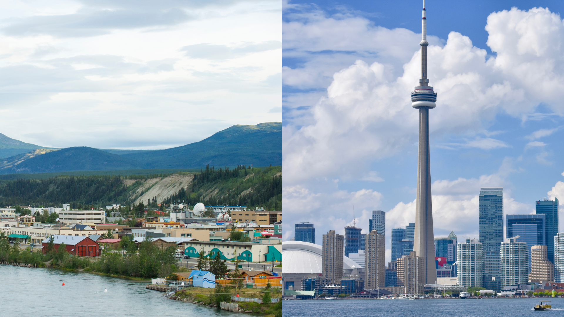 Split image comparing a rural Canadian town on the left with downtown Toronto skyline on the right, illustrating the geographic divide in allied health professional distribution.